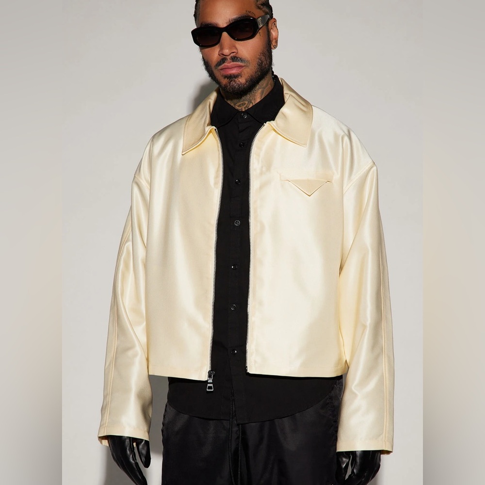Satin Cream Zip Up Jacket.  Fashion Nova.